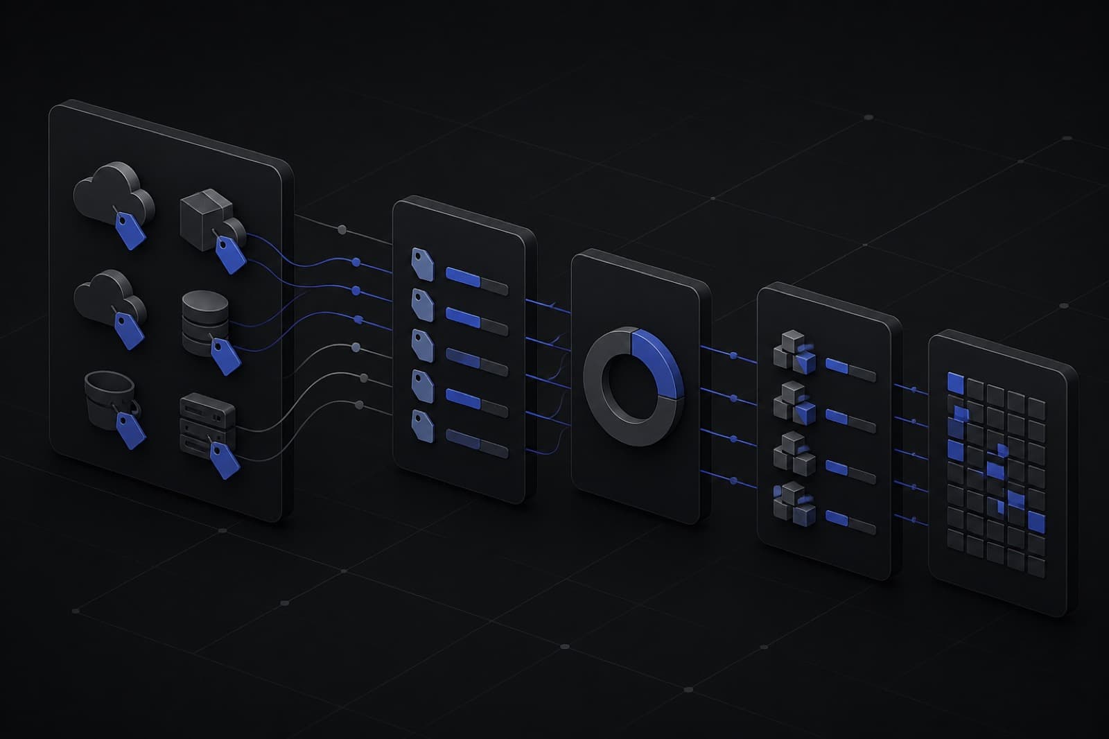 Tagged cloud cost allocation visualized as ordered dark panels