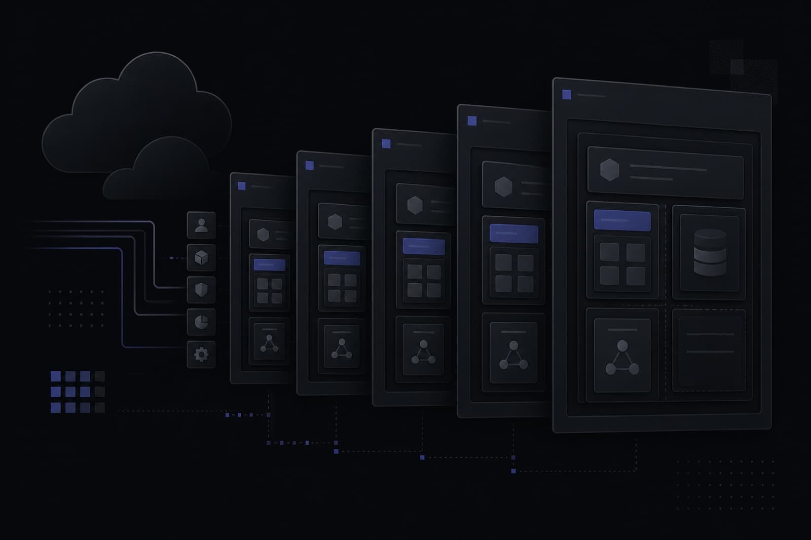 Abstract multi-account cloud structure on a dark charcoal field